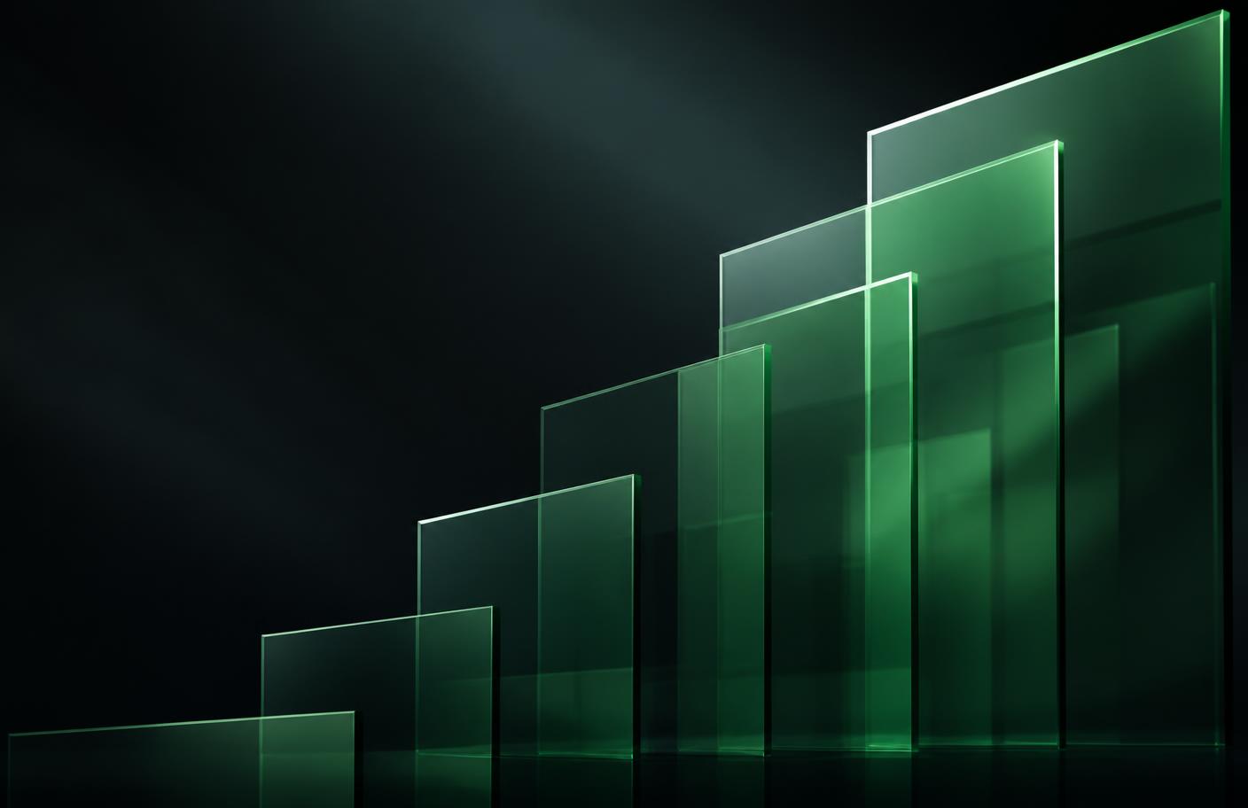 Abstract green glass planes rising like a chart
